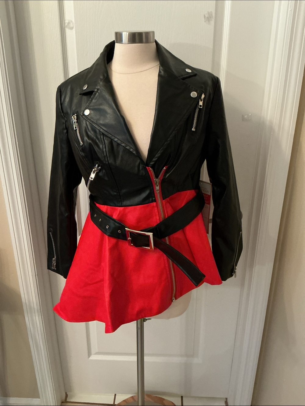 XOXO Black and Red Faux Leather Colorblock Moto Jacket